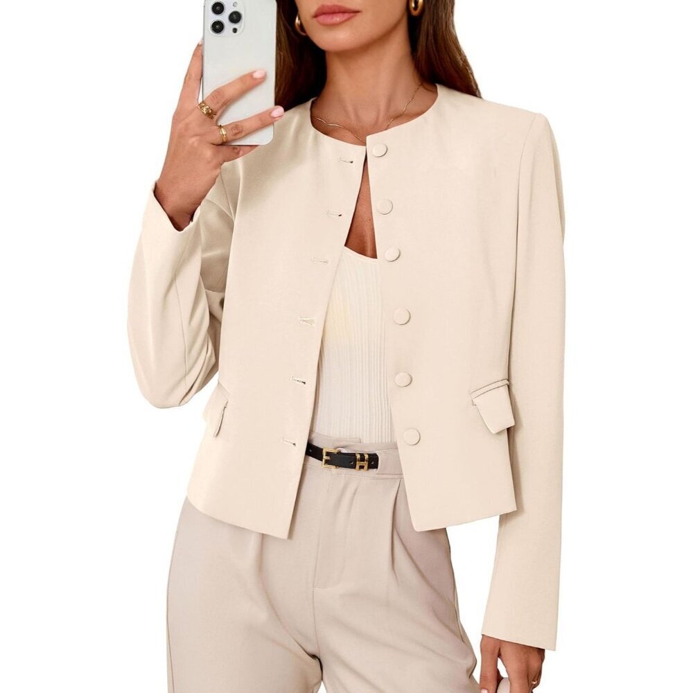 Women's Beige Blazers Business Casual Outfits Fall Fashion Long Sleeve Jacket